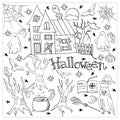 Big collection decorative elements for a party. Haunted house, owl, scary trees. Vector illustration for a fun Halloween holiday. Royalty Free Stock Photo