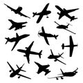 Big collection of different airplane silhouettes.