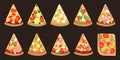 Big collection of different slices pizza top view with ingredients. Royalty Free Stock Photo