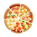 Big collection of different slices pizza top view with ingredients Royalty Free Stock Photo