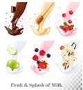 Big collection of fruit and berries in a milk splash
