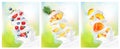 Big collection of fruit in a milk splash. Vector Set