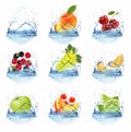 Big collection of fruit in a water splash Royalty Free Stock Photo