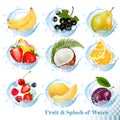 Big collection of fruit in a water splash icons. Royalty Free Stock Photo