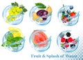 Big collection of fruit in a water splash icons. Royalty Free Stock Photo