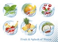 Big collection of fruit in a water splash icons. Royalty Free Stock Photo