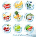 Big collection of fruit in a water splash icons. Royalty Free Stock Photo