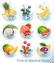 Big collection of fruit in a water splash.