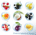 Big collection of fruit in a water splash. Raspberry, black currant, blackberry, blueberry, plum, pear, peach, strawberry, coconut Royalty Free Stock Photo