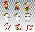 Big collection of funny Cheerful snowman, little elves and Christmas Santa clause. Christmas characters isolated on