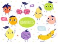 Big collection of funny fruits and berries cartoon characters. Apple, banana, cherry and other cute fruits