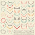 Big collection of hand drawn floral graphic design elements and lines border in retro style. Royalty Free Stock Photo