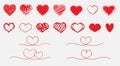 Big collection of hand drawn red grunge and continuous line art hearts. Valentine heart shapes Royalty Free Stock Photo