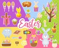 Big Collection of Happy Easter Objects. Flat Design Vector Illustration. Set of Spring Religious Christian Colorful