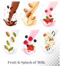 Big collection icons of fruit in a milk splash. Royalty Free Stock Photo