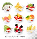 Big collection icons of fruit in a milk splash.