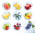 Big collection icons of fruit in a water splash. Royalty Free Stock Photo