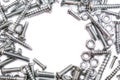 Big Collection Of Iron Screws, Wood Screws and Bolts With A Free Circle For Text In The Middle Royalty Free Stock Photo