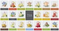 Big collection of labels or tags with various types of tea - black, green, rooibos, masala, mate, puer. Set of hand