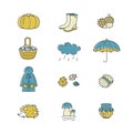 Big collection of linear icons with different autumn symbols. Clothing, jam, weather, mushrooms, harvest and other fall elements.