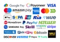 Big Collection of popular payment system logos: American Express, MasterCard, Visa, Maestro and others Royalty Free Stock Photo