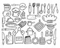 Big collection set kitchen objects. Vector illustration in cartoon style. Balck ink Royalty Free Stock Photo