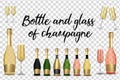 Big Collection Set of Realistic 3D champagne Golden, Pink and Green Bottle and glass isolated on transparent background.  Vector Royalty Free Stock Photo