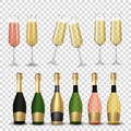 Big Collection Set of Realistic 3D champagne Golden, Pink and Green Bottle and glass isolated on transparent background. Vector Royalty Free Stock Photo