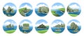 Big collection of simple hand-drawn vector illustrations with sea and rocks, cliffs, stones, coasts, sea capes. Ocean