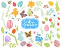 Big collection of spring flowers, easter eggs, rabbits Royalty Free Stock Photo