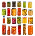 Big collection of tinned preserved vegetables and fruit in glass jars. Royalty Free Stock Photo