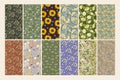 Big collection of twelve vector seamless floral patterns. Wildflowers, foliage, sunflowers, abstract dots. Soft colors