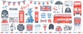 Big collection of various symbols of England: red bus, telephone booth, umbrella, tea cup, bearskin, soldier, newspaper, pillar po Royalty Free Stock Photo