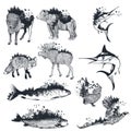 Big collection of vector artistic hand drawn animals decorated by forest in vintage style