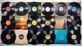 Big Collection of vinyl records. Assortment of vinyl LPs. Top view. Background. Concept of music diversity, vintage