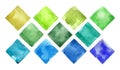 Big collection of watercolor square or rhombus in green and blue colors. Stamp for bio or nature decor in texture backdrop. Set