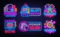 Big colletion neon sign. Casino logos and emblems. Casino Design template neon sign, Slot Machine light banner, Poker