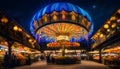 Big colorful artistic lanterns at outdoor fruit market. Cornucopia