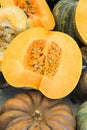 Big Colorful Beautiful Dark Orange and Green Pumpkins Whole and Halved. Dent Texture Seeds. Farmers Market. Thanksgiving