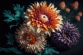 Big colorful chrysanthemums on dark green background. Created with Generative AI