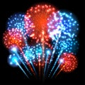 Big colorful fireworks. Blue and red lights. Vector