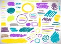 Big colorful set of hand drawn grunge elements, banners, frames, circles, lines, brush strokes isolated on white. Royalty Free Stock Photo