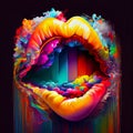 Big colorful surreal lips with rainbow dripping paints. AI generative