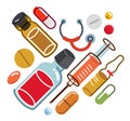 Big composition set of medicaments vector flat illustration isolated, pharmacy drugs apothecary bottles and pills and ampules,