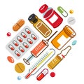 Big composition set of medicaments vector flat illustration isolated, pharmacy drugs apothecary bottles and pills and ampules, Royalty Free Stock Photo