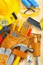 Big composition of working tools on wooden boards Royalty Free Stock Photo