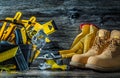 Big composition of yellow construction tools on vintage wood Royalty Free Stock Photo