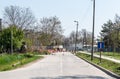 Big construction and reconstruction site with heavy excavator machinery earth mover bulldozer and digger repair asphalt road of th Royalty Free Stock Photo