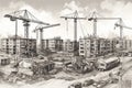 big construction site with cranes in a sketch style, which may evoke a sense of industriousness, progress, and urban Royalty Free Stock Photo