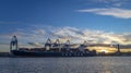 The big container ship Cma Cgm Titus sailing under the flag of France moored in the port of Genoa Royalty Free Stock Photo